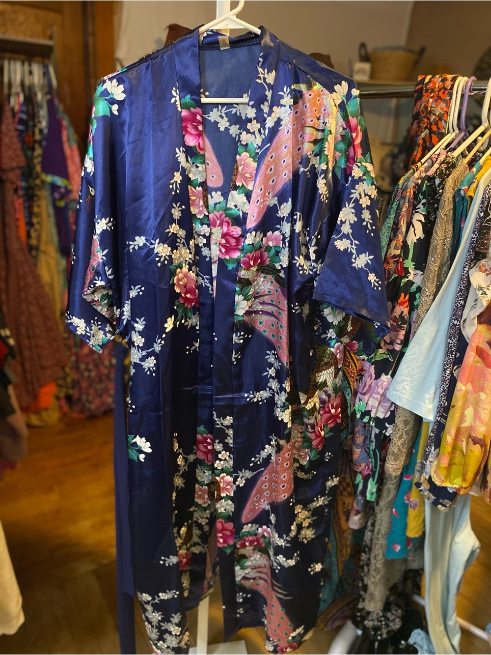 Navy Floral Silky Kimono with Peacock Motif